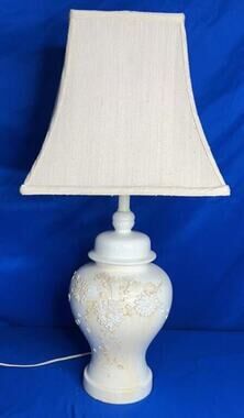 Vintage Ginger Jar Table Lamp w/ Floral Relief & Square Shade 28" Tall Works